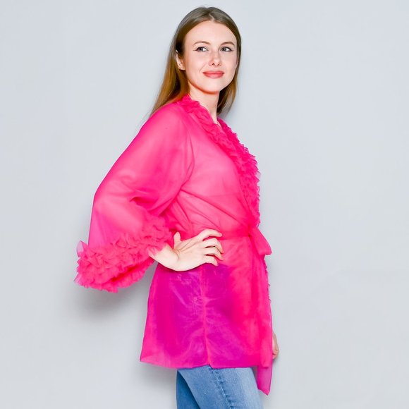 AMANDA UPRICHARD Pink Sheer Mesh Ruffle Robe - Picture 4 of 7